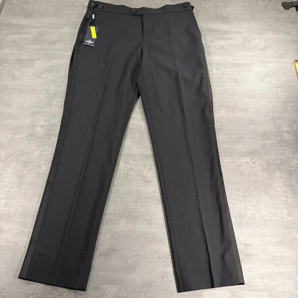 Cavani Trousers Mens 34 Aspen Black Satin Stripe Tuxedo Formal Super Flex NEW